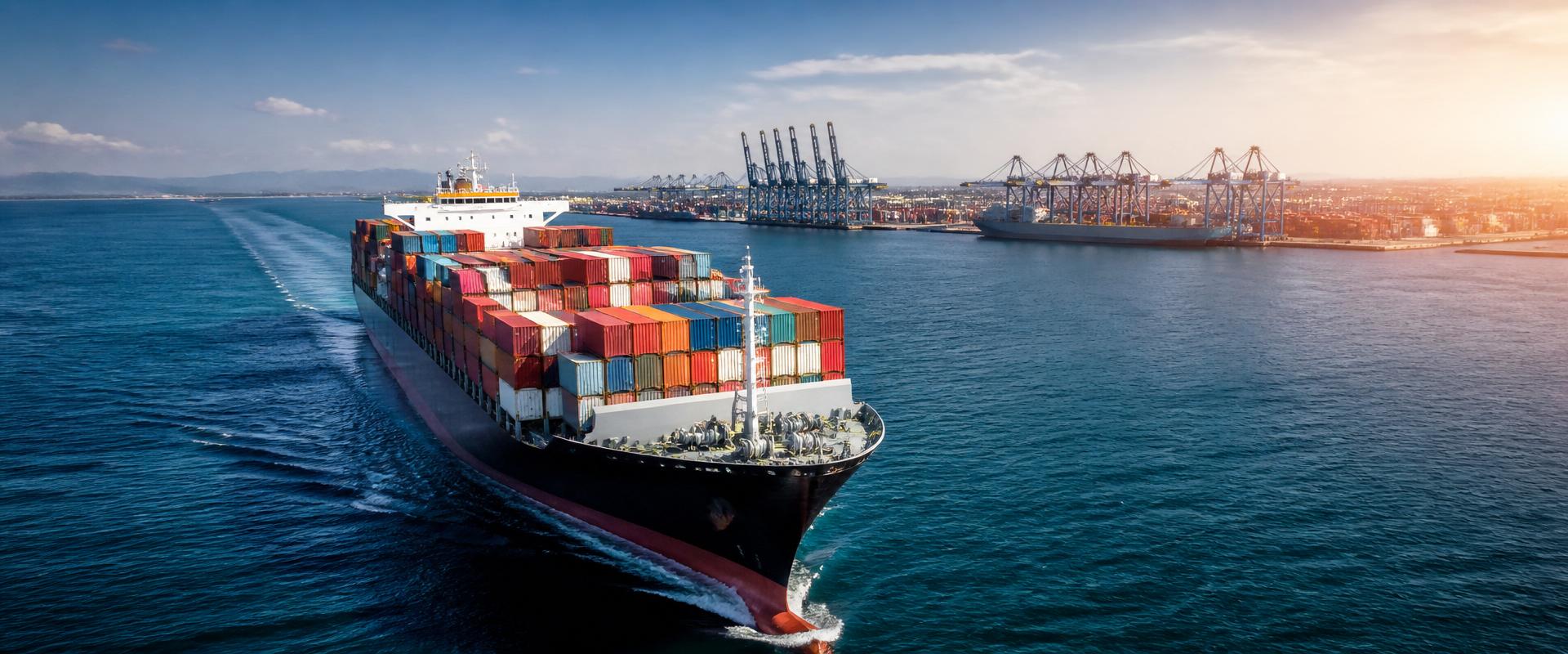 Container ship sailing near a commercial port with cargo cranes